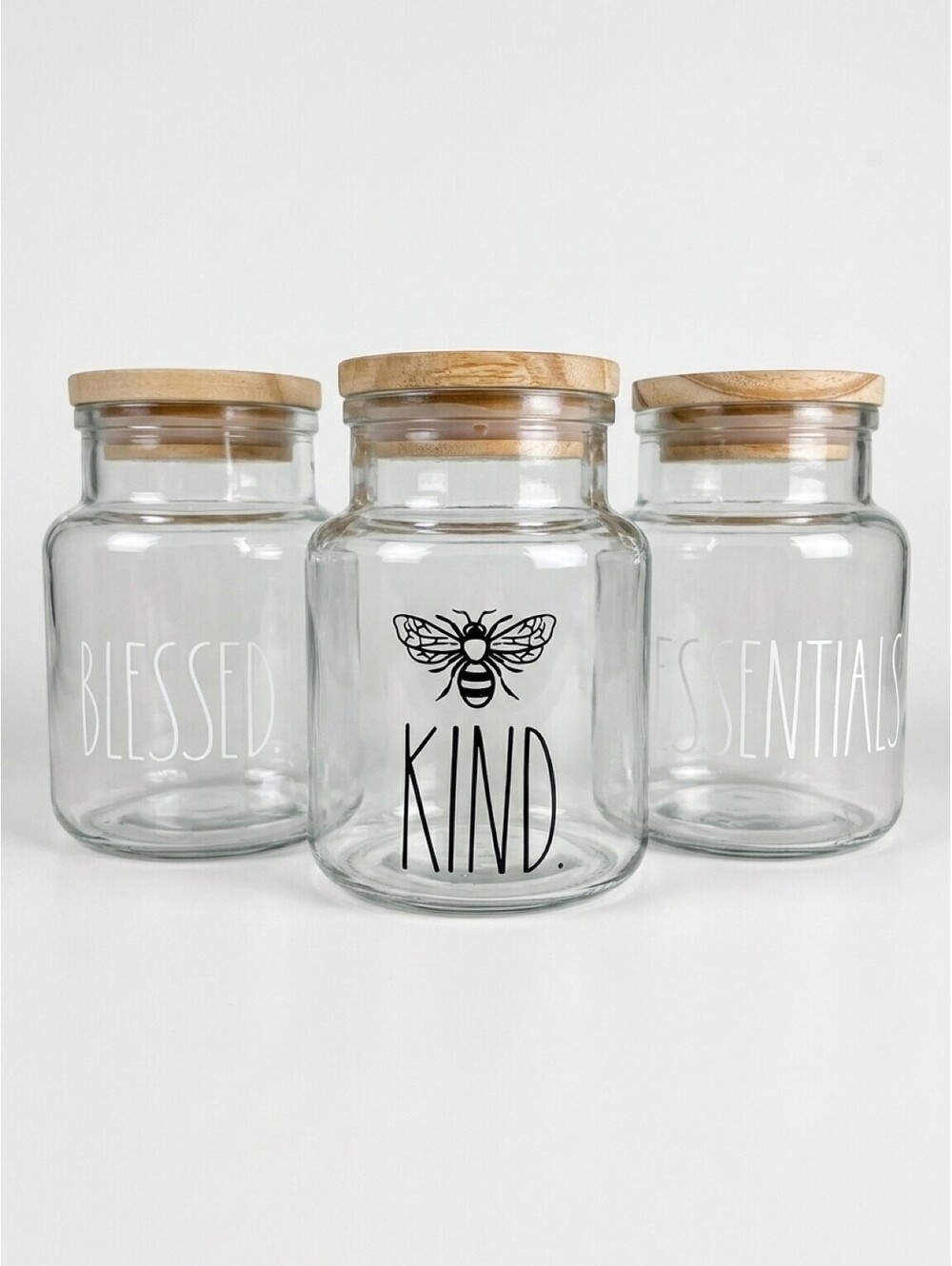Rae Dunn Glass Canister Jars Wood Lids Set of 3 KIND ESSENTIALS BLESSED